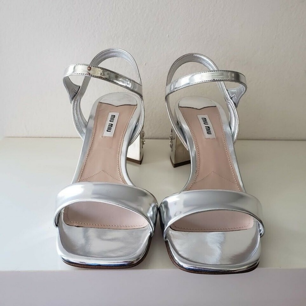 Miu Miu Embellished Sandals Heel Shoes - Silver - Picture 2 of 8